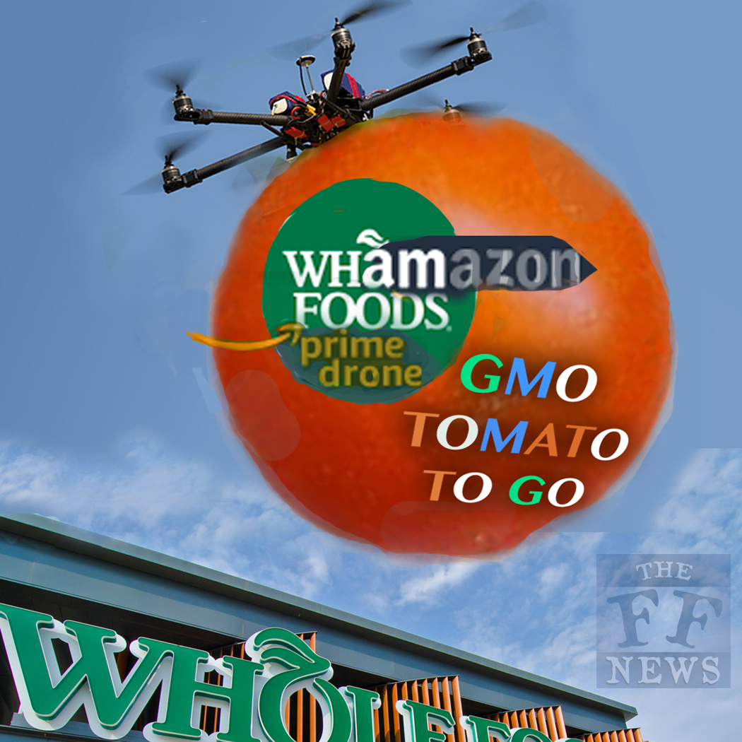 Giant tomato drone over Whole foods -- Whamazon! Prime Drone .... GMO Tomato to Go